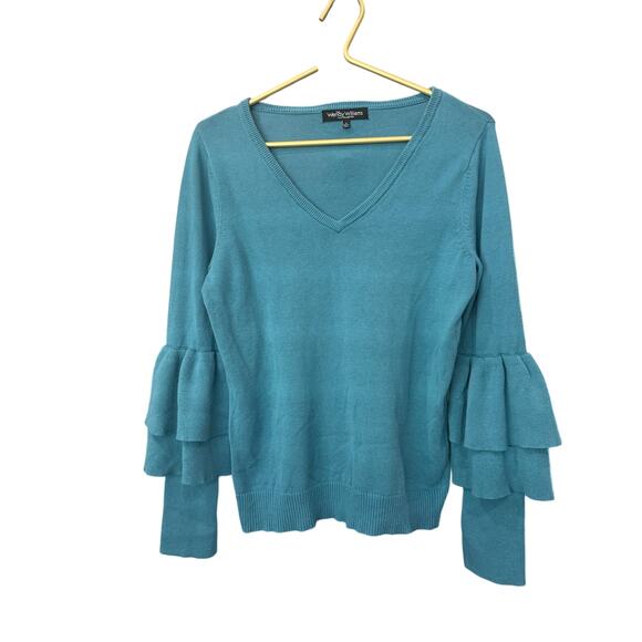 Wendy Williams Blue V Neck Sweater Tiered Bell Sleeve Lightweight Knit Sz M EUC - Picture 2 of 5
